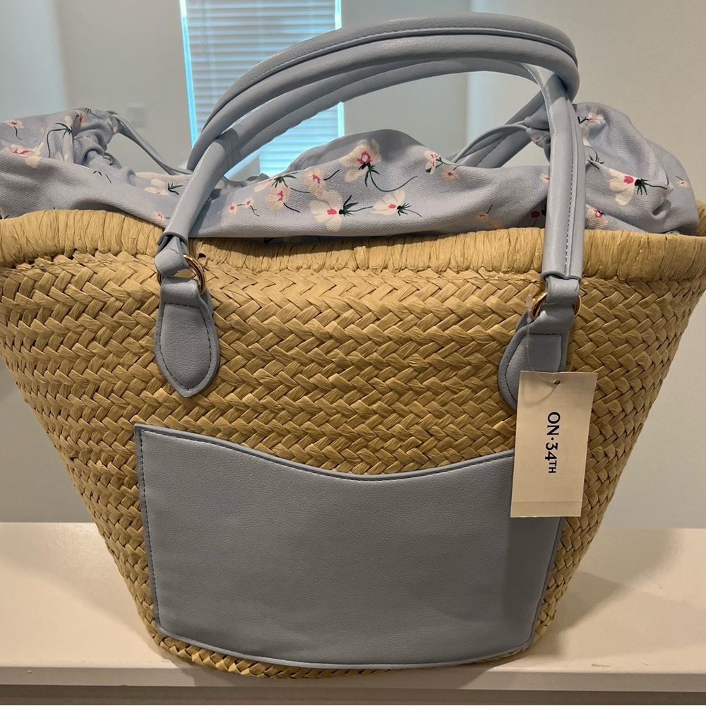 ON:34TH Light Blue Straw Tote with Floral Liner